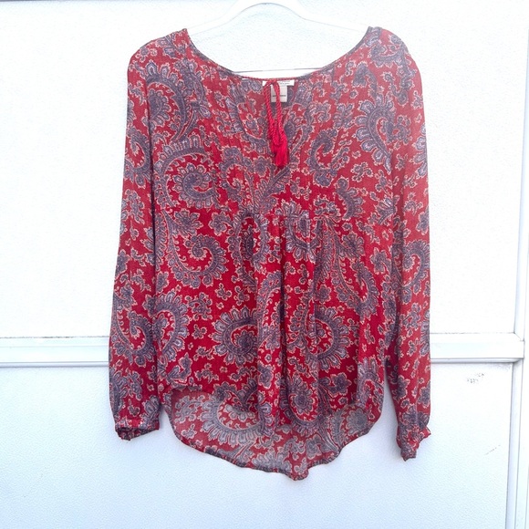 Lucky brand peasant top S paisley print red/blue tasseled boho hippie pleated - Picture 9 of 11